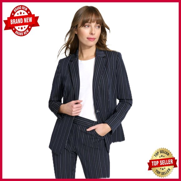 Pinstripe Puff Sleeve Blazer Classic Fit Wool Blend Work Essential